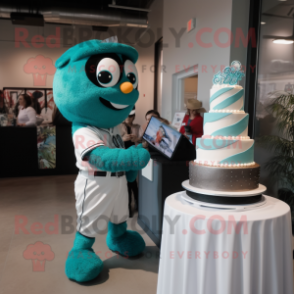 Teal Wedding Cake mascot costume character dressed with a Baseball Tee and Watches