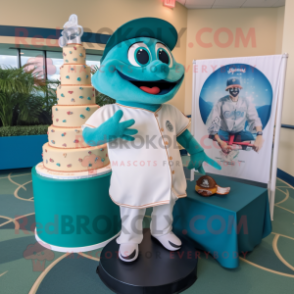 Teal Wedding Cake mascot costume character dressed with a Baseball Tee and Watches