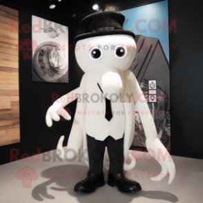 White Squid mascot costume character dressed with a Suit and Suspenders