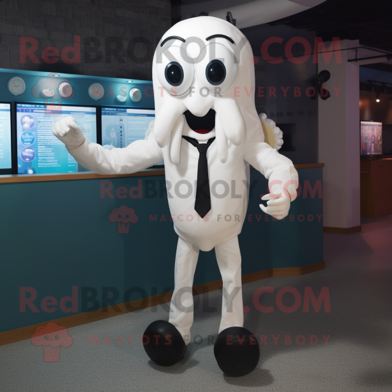 White Squid mascot costume character dressed with a Suit and Suspenders White Squid mascot costume character dressed with a Suit and Suspenders
