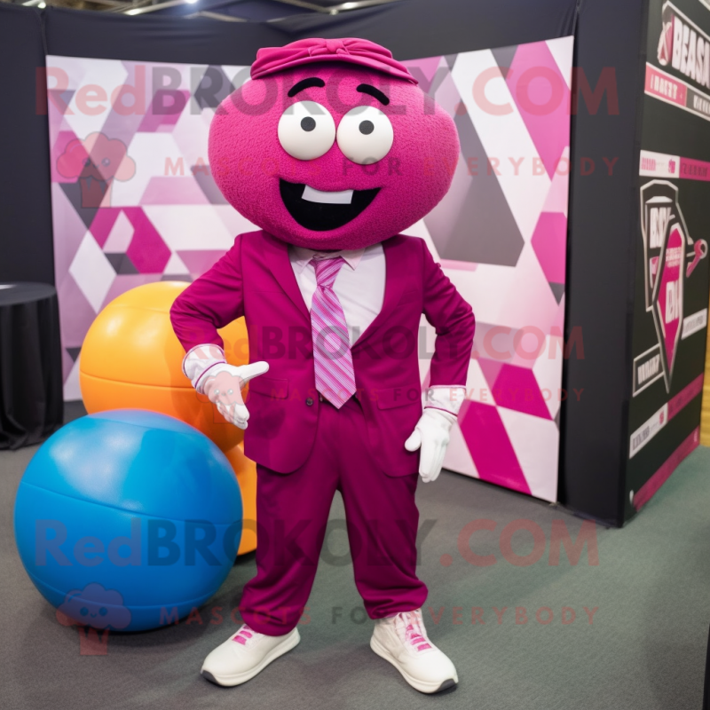 Magenta Meatballs mascot costume character dressed with a Blazer and Headbands Magenta Meatballs mascot costume character dressed with a Blazer and Headbands