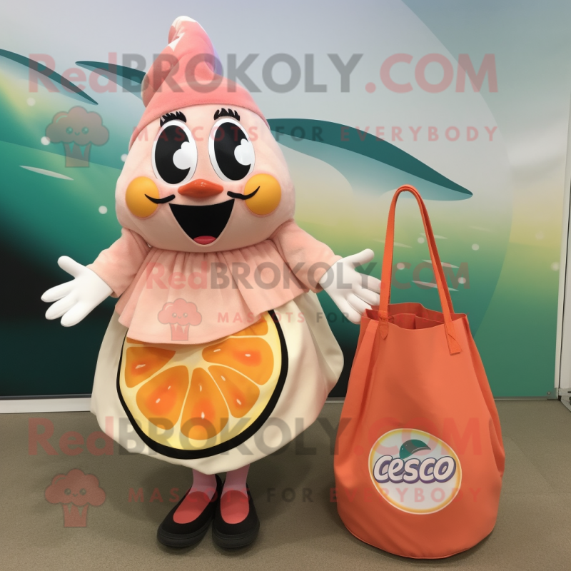 Peach Ceviche mascot costume character dressed with a Circle Skirt and Tote bags