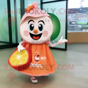 Peach Ceviche mascot costume character dressed with a Circle Skirt and Tote bags