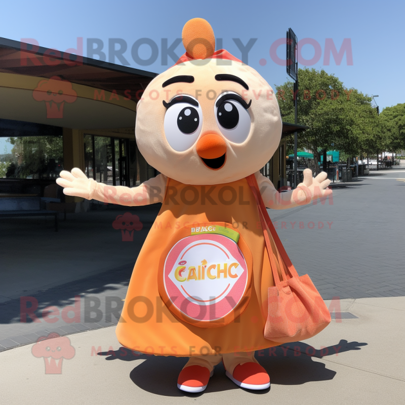 Peach Ceviche mascot costume character dressed with a Circle Skirt and Tote bags Peach Ceviche mascot costume character dressed with a Circle Skirt and Tote bags