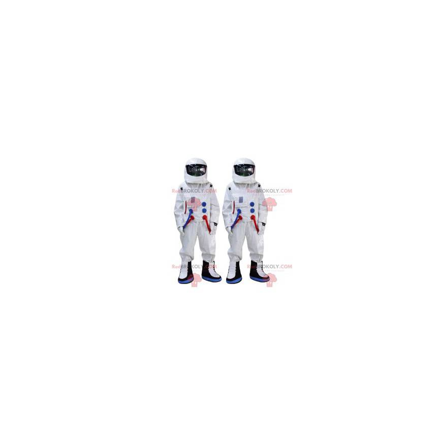 Dupla de mascotes de astronautas com macacão branco - Dupla de mascotes de astronautas com macacão branco -