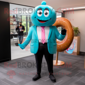 Teal Donut mascot costume character dressed with a Blazer and Briefcases