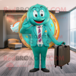 Teal Donut mascot costume character dressed with a Blazer and Briefcases