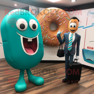 Teal Donut mascot costume character dressed with a Blazer and Briefcases