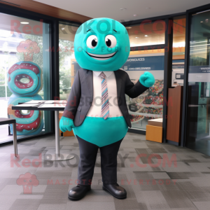 Teal Donut mascot costume character dressed with a Blazer and Briefcases