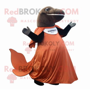 Rust Humpback Whale mascot costume character dressed with a Evening Gown and Mittens