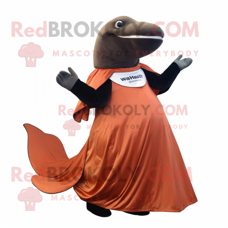 Rust Humpback Whale mascot costume character dressed with a Evening Gown and Mittens Rust Humpback Whale mascot costume character dressed with a Evening Gown and Mittens