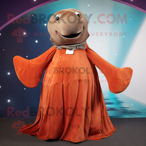 Rust Humpback Whale mascot costume character dressed with a Evening Gown and Mittens