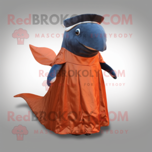 Rust Humpback Whale mascot costume character dressed with a Evening Gown and Mittens