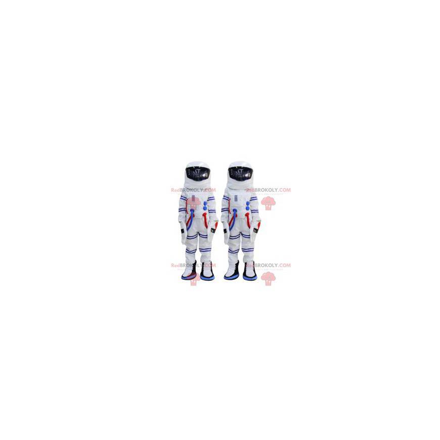 Astronaut mascot duo and their white blue striped jumpsuit -