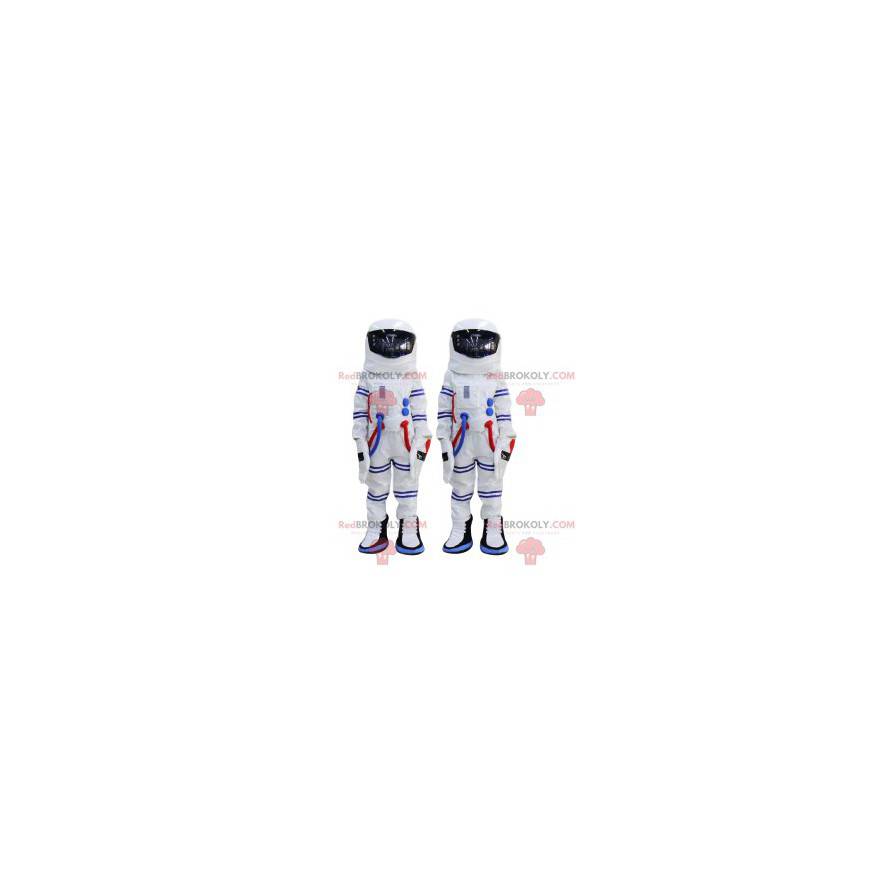 Duo di mascotte astronauta e la loro tuta a righe blu bianca -