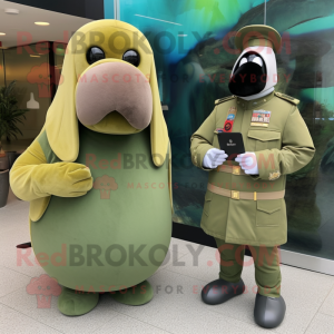 Olive Walrus mascot costume character dressed with a Coat and Smartwatches