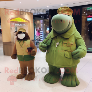 Olive Walrus mascot costume character dressed with a Coat and Smartwatches