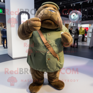 Olive Walrus mascot costume character dressed with a Coat and Smartwatches