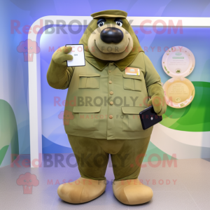Olive Walrus mascot costume character dressed with a Coat and Smartwatches
