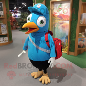 Cyan Woodpecker mascot costume character dressed with a Sweatshirt and Messenger bags