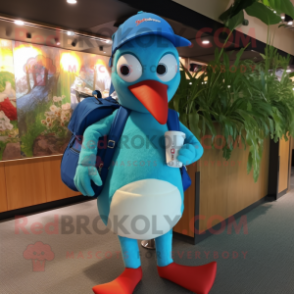 Cyan Woodpecker mascot costume character dressed with a Sweatshirt and Messenger bags