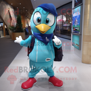 Cyan Woodpecker mascot costume character dressed with a Sweatshirt and Messenger bags