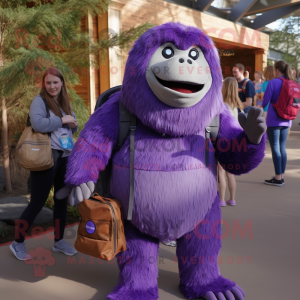 Purple Giant Sloth mascot costume character dressed with a Henley Tee and Backpacks