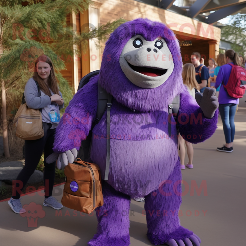 Purple Giant Sloth mascot costume character dressed with a Henley Tee and Backpacks