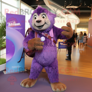 Purple Giant Sloth mascot costume character dressed with a Henley Tee and Backpacks