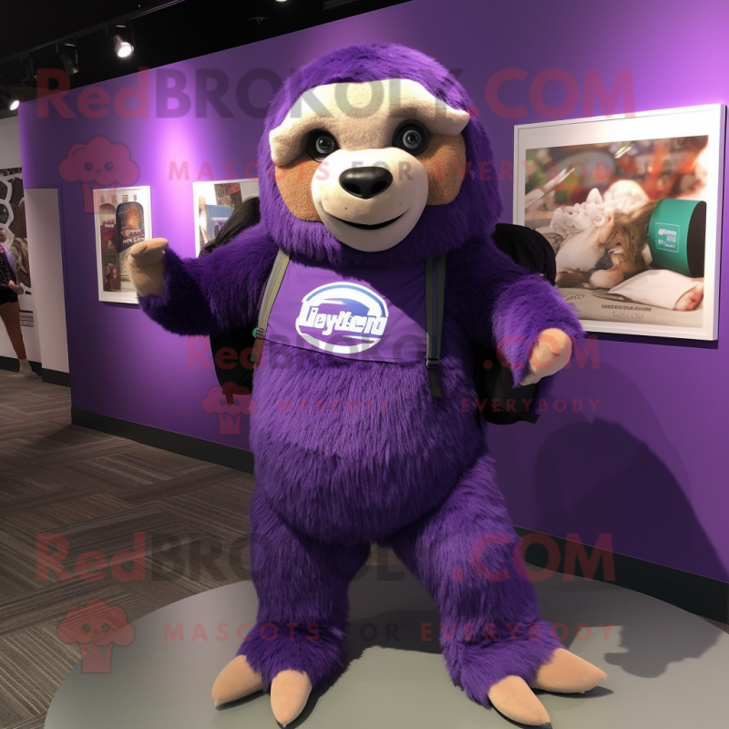 Purple Giant Sloth mascot costume character dressed with a Henley Tee and Backpacks Purple Giant Sloth mascot costume character dressed with a Henley Tee and Backpacks