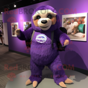 Purple Giant Sloth mascot costume character dressed with a Henley Tee and Backpacks