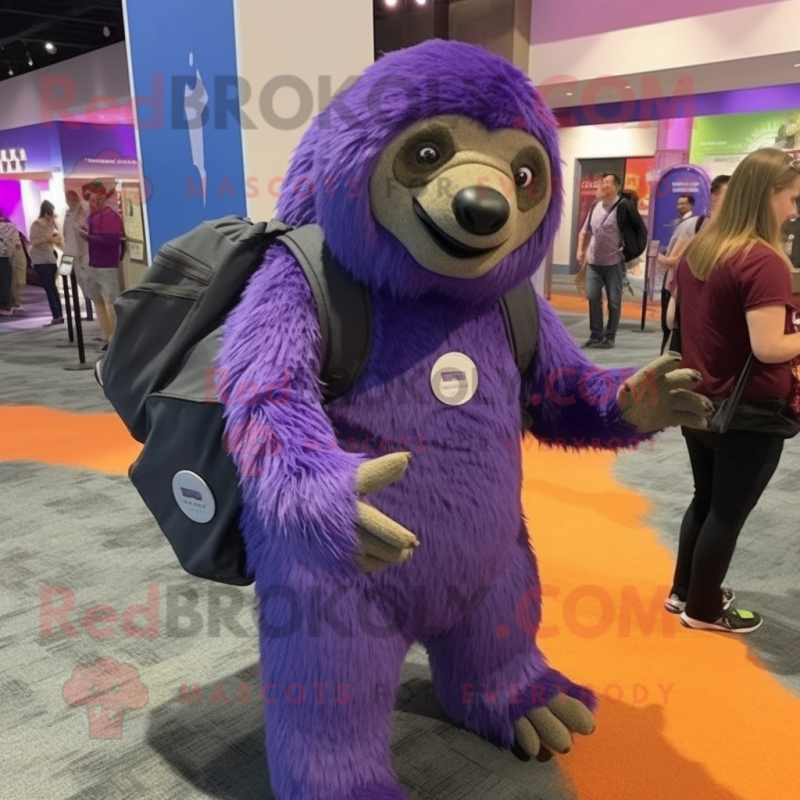 Purple Giant Sloth mascot costume character dressed with a Henley Tee and Backpacks