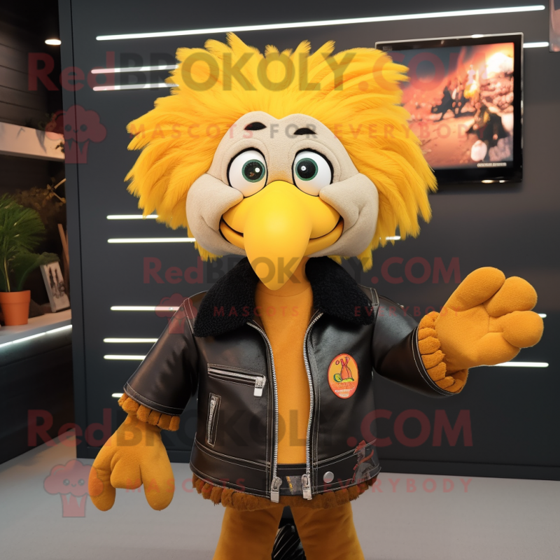 Yellow Turkey mascot costume character dressed with a Leather Jacket and Hairpins Yellow Turkey mascot costume character dressed with a Leather Jacket and Hairpins