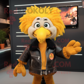 Yellow Turkey mascot costume character dressed with a Leather Jacket and Hairpins