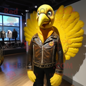 Yellow Turkey mascot costume character dressed with a Leather Jacket and Hairpins