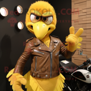 Yellow Turkey mascot costume character dressed with a Leather Jacket and Hairpins