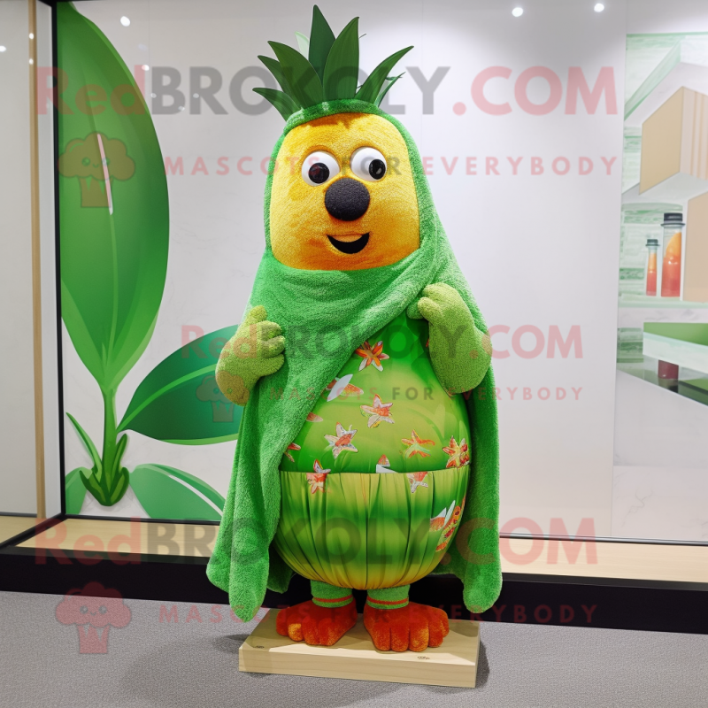 Green Pineapple mascot costume character dressed with a Board Shorts and Shawl pins