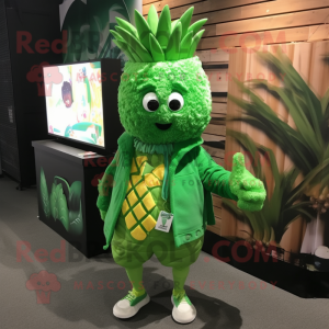 Green Pineapple mascot costume character dressed with a Board Shorts and Shawl pins