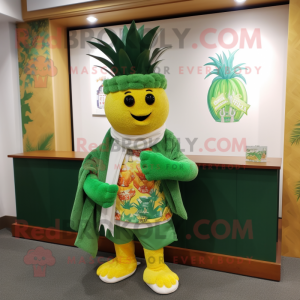 Green Pineapple mascot costume character dressed with a Board Shorts and Shawl pins