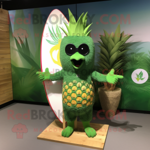 Green Pineapple mascot costume character dressed with a Board Shorts and Shawl pins