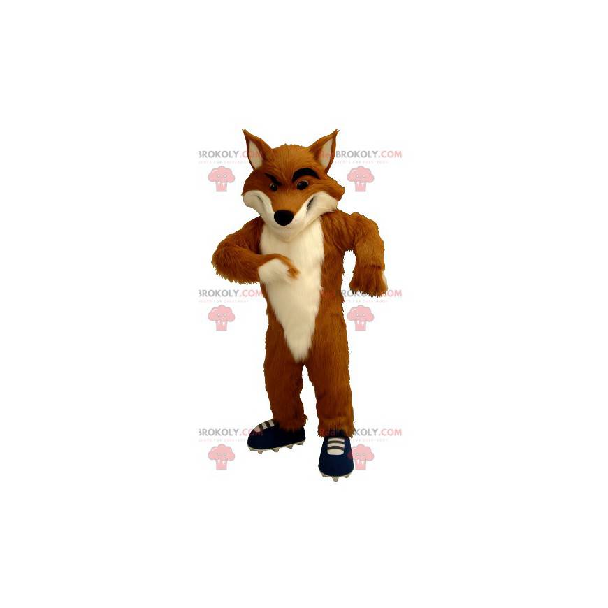 Mascotte de renard orange et blanc avec des baskets -