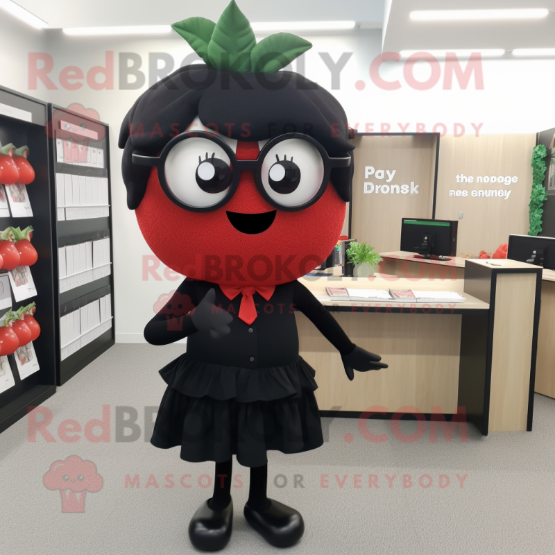 Black Strawberry mascot costume character dressed with a Pencil Skirt and Reading glasses