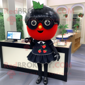 Black Strawberry mascot costume character dressed with a Pencil Skirt and Reading glasses
