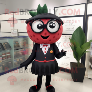 Black Strawberry mascot costume character dressed with a Pencil Skirt and Reading glasses