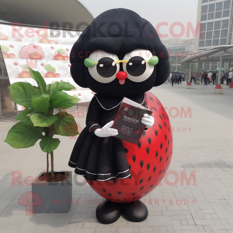 Black Strawberry mascot costume character dressed with a Pencil Skirt and Reading glasses