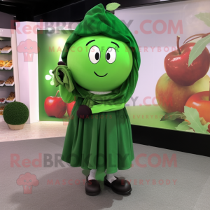 Forest Green Apple mascot costume character dressed with a Culottes and Scarves