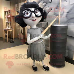 Gray Knife Thrower mascot costume character dressed with a Pencil Skirt and Eyeglasses