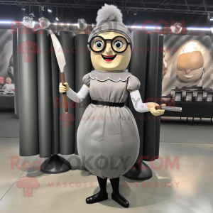 Gray Knife Thrower mascot costume character dressed with a Pencil Skirt and Eyeglasses