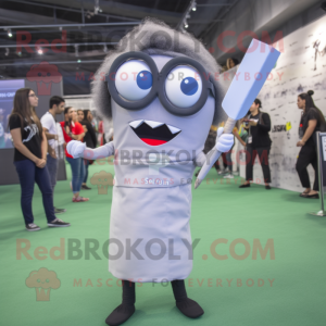 Gray Knife Thrower mascot costume character dressed with a Pencil Skirt and Eyeglasses