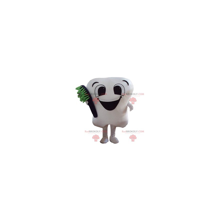 Cute white tooth mascot with his black toothbrush -